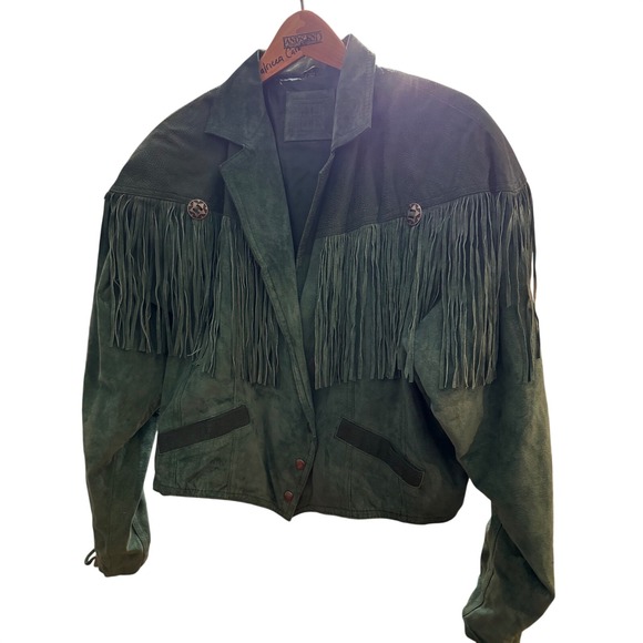 90s VTG Womens Vintage Green Suede Fringe Western Jacket Lace Up Back Size 4 / 6 - Picture 16 of 16